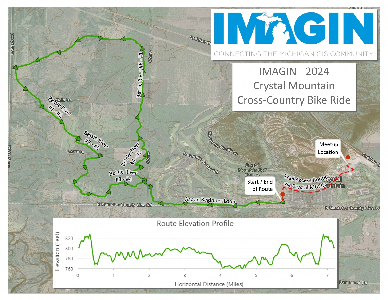 map of Crystal Mountain Cross-Country Bike Ride, include rout elevation profile